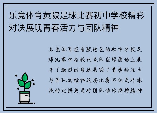 乐竞体育黄陂足球比赛初中学校精彩对决展现青春活力与团队精神